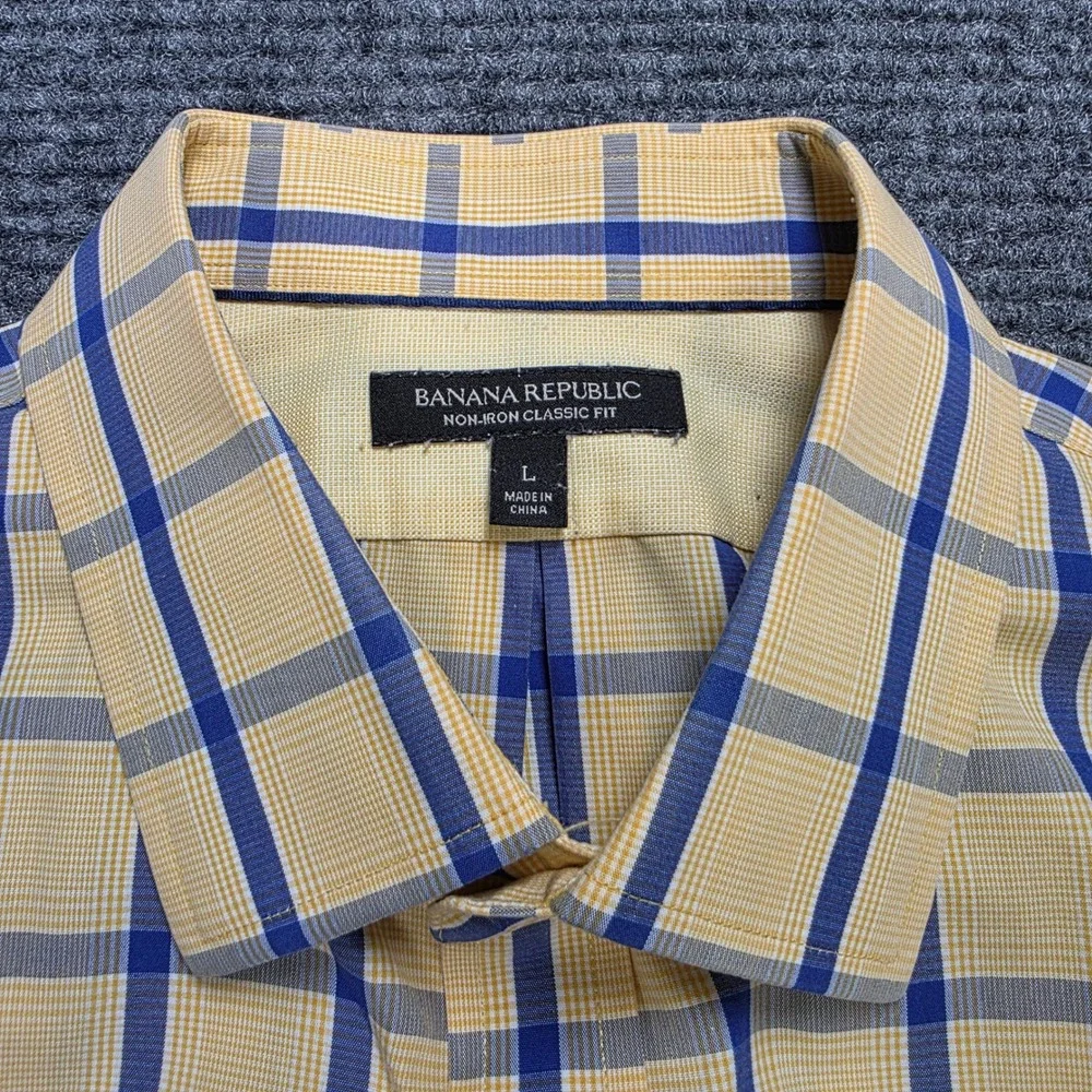 Banana Republic Plaid Classic Fit Shirt Men's Size L Yellow Blue Non-Iron Cotton
